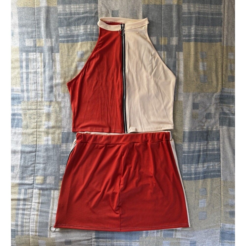 Women's Beige Red Full Zip Petite Sleeveless Top & Skirt Sz 5XL